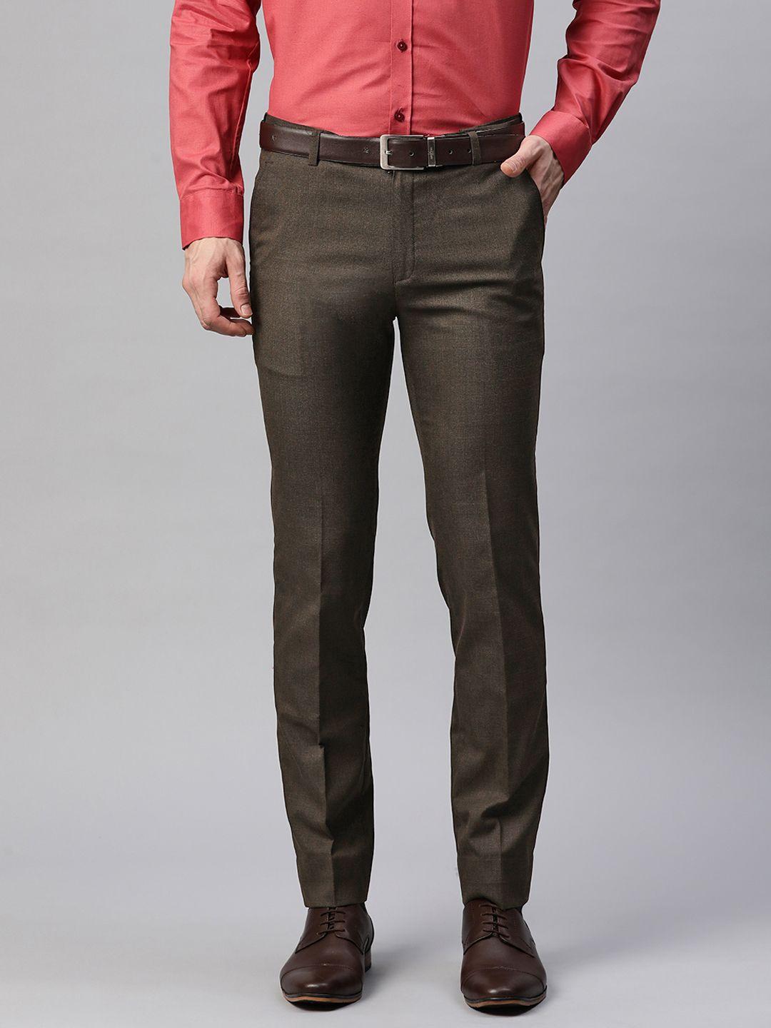 manq men brown checked slim fit trousers