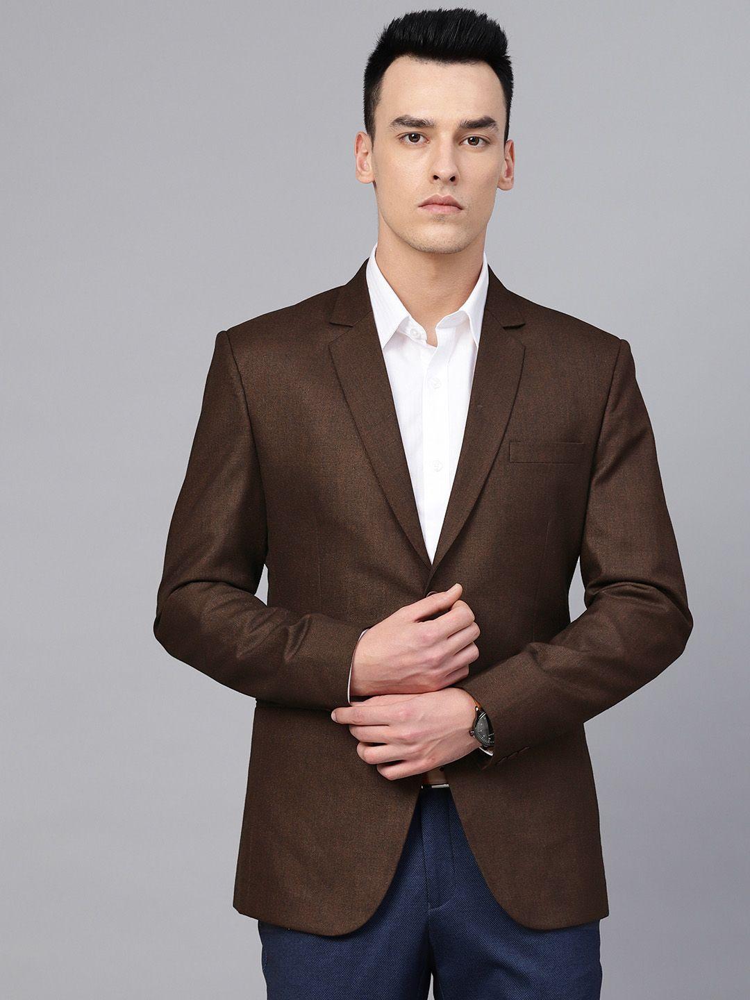 manq men brown solid slim fit single breasted party blazer