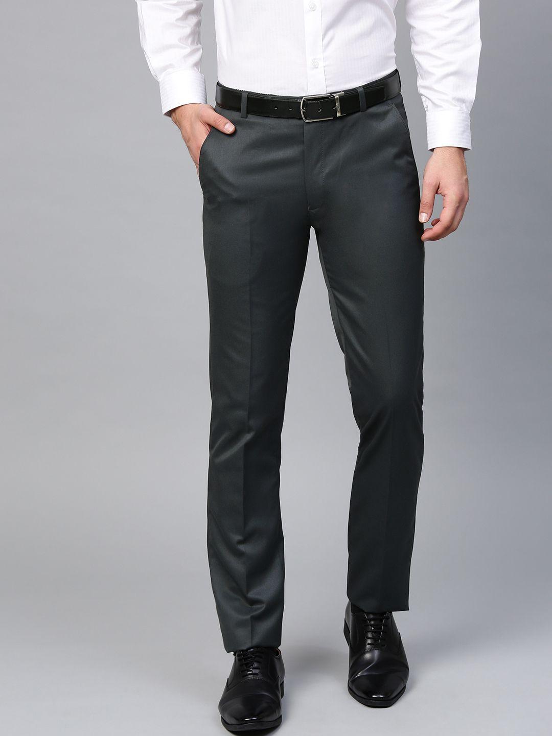 manq men charcoal grey smart slim fit solid formal trousers