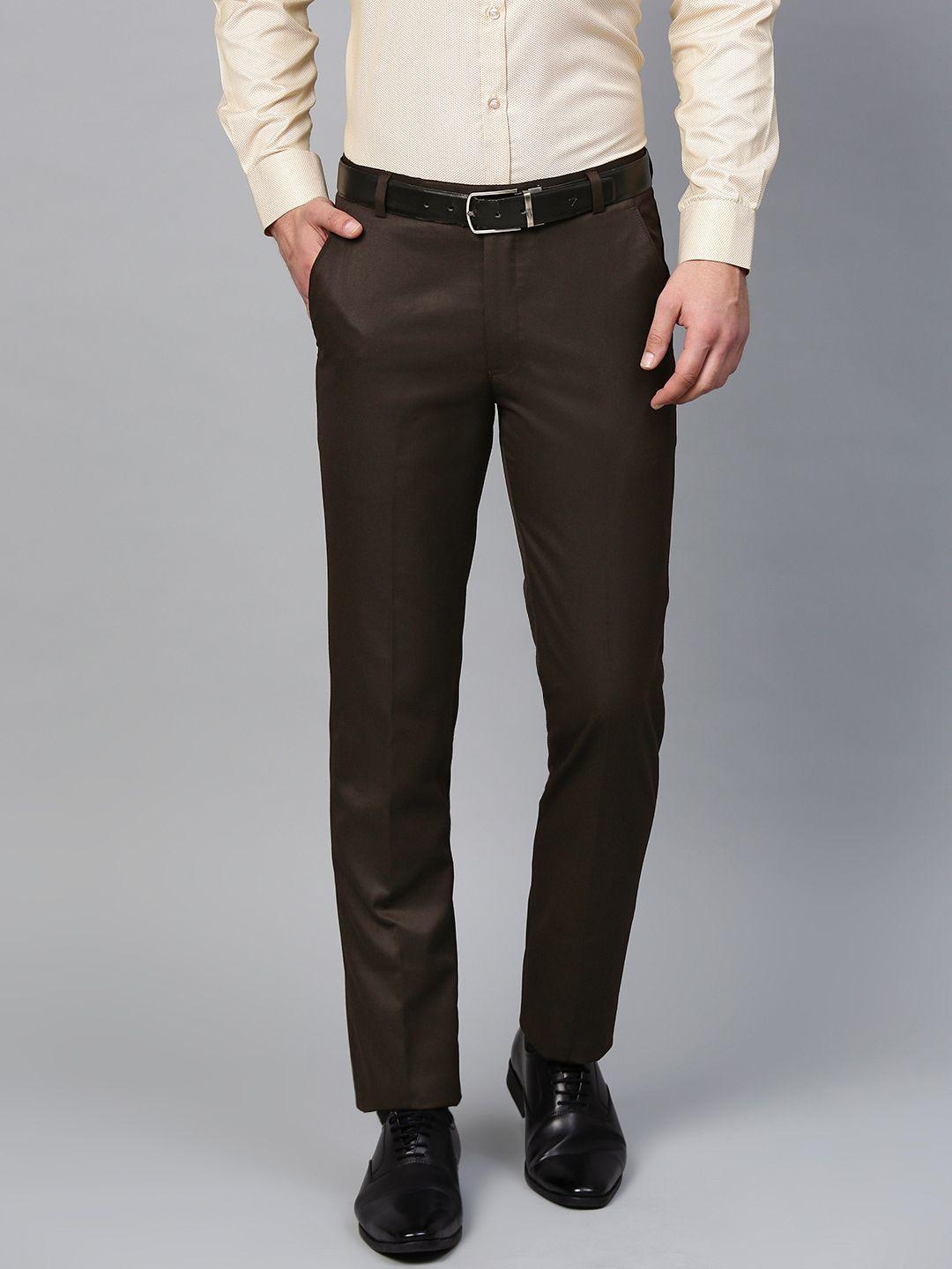 manq men coffee brown smart slim fit solid formal trousers