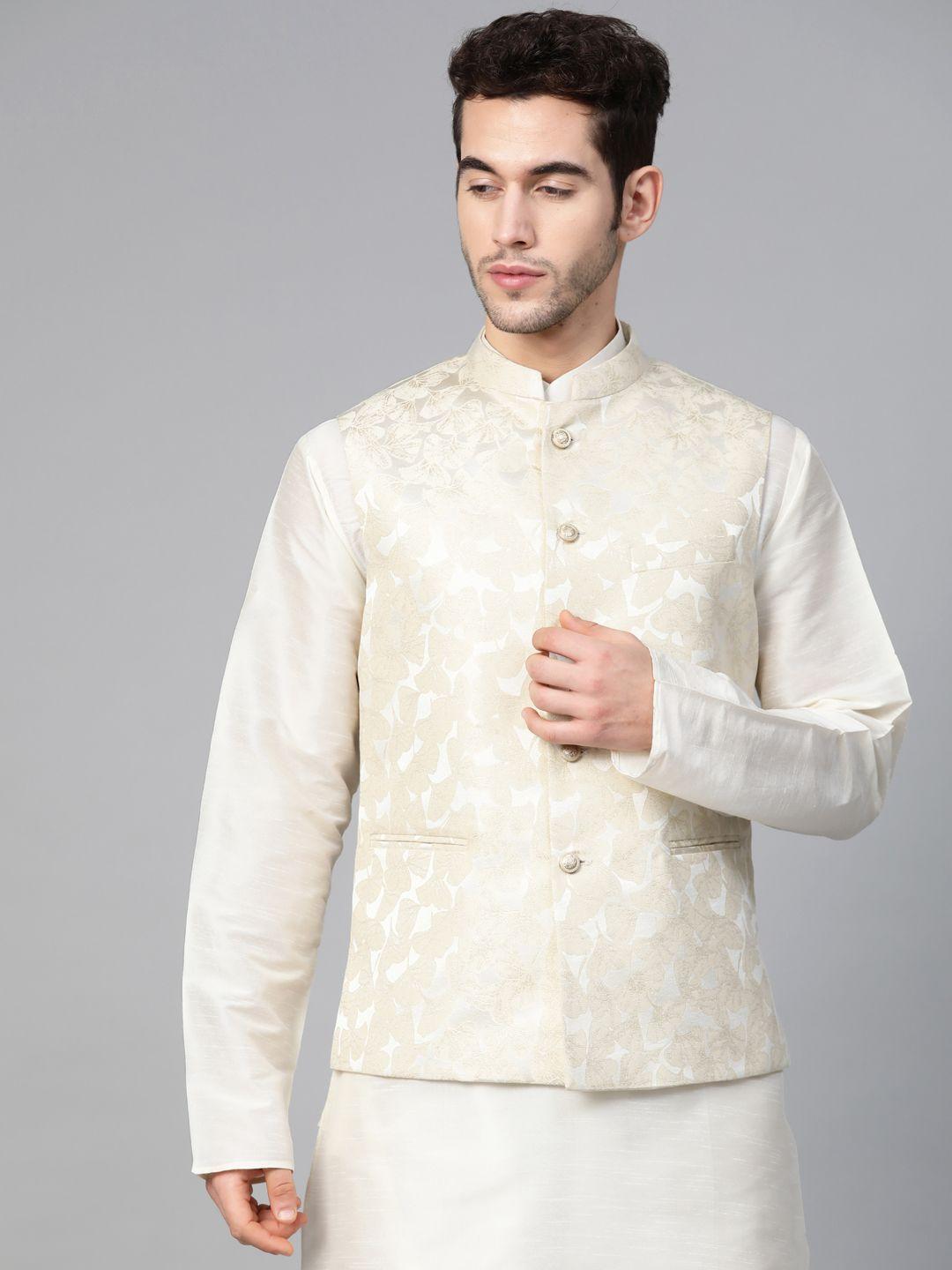 manq men cream-coloured woven design nehru jacket