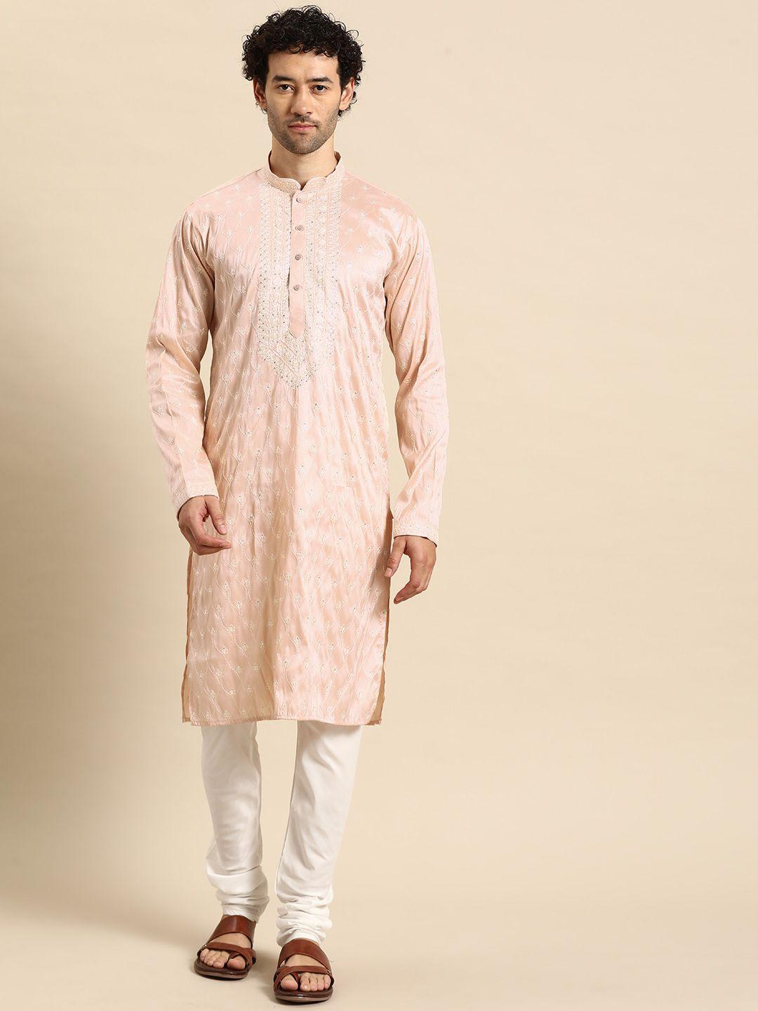 manq men ethnic motifs embroidered regular sequinned kurta with churidar