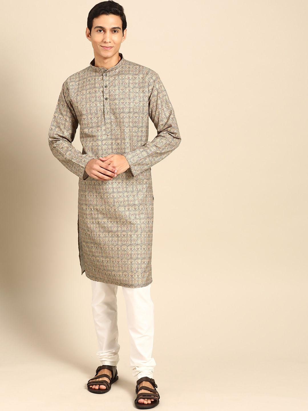 manq men ethnic motifs printed regular kurta with churidar