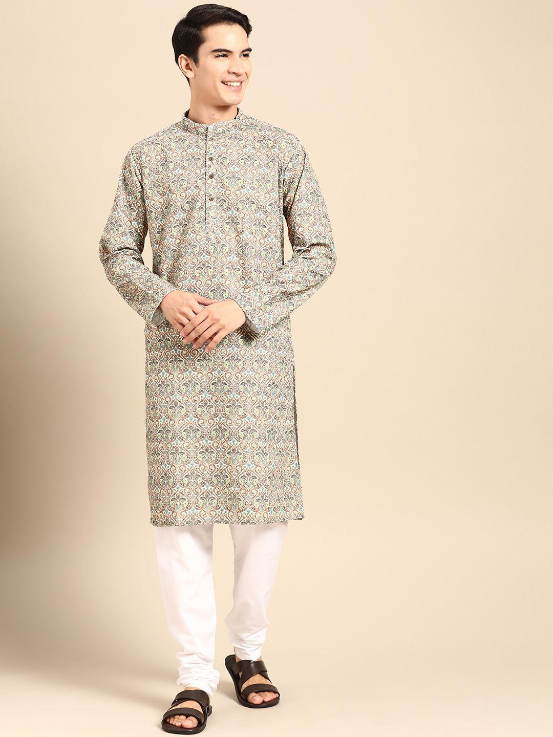 manq men ethnic motifs printed regular pure cotton kurta with churidar