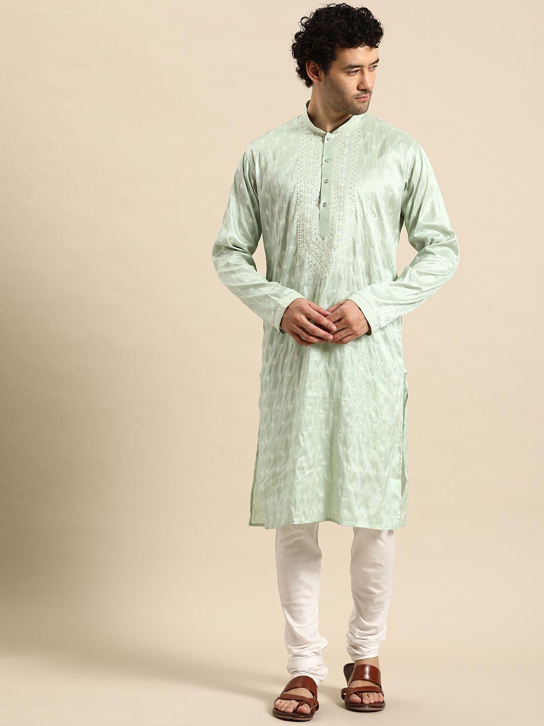 manq men ethnic motifs yoke design regular kurta with churidar