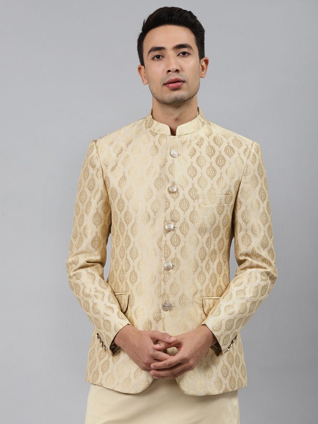 manq men gold toned self-design slim fit bandhgala blazer