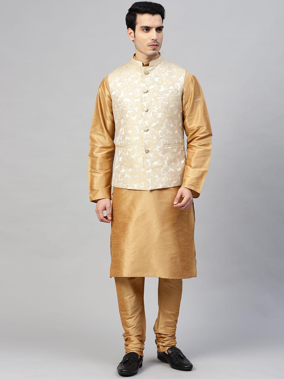 manq men golden & silver solid kurta with churidar & self design nehru jacket