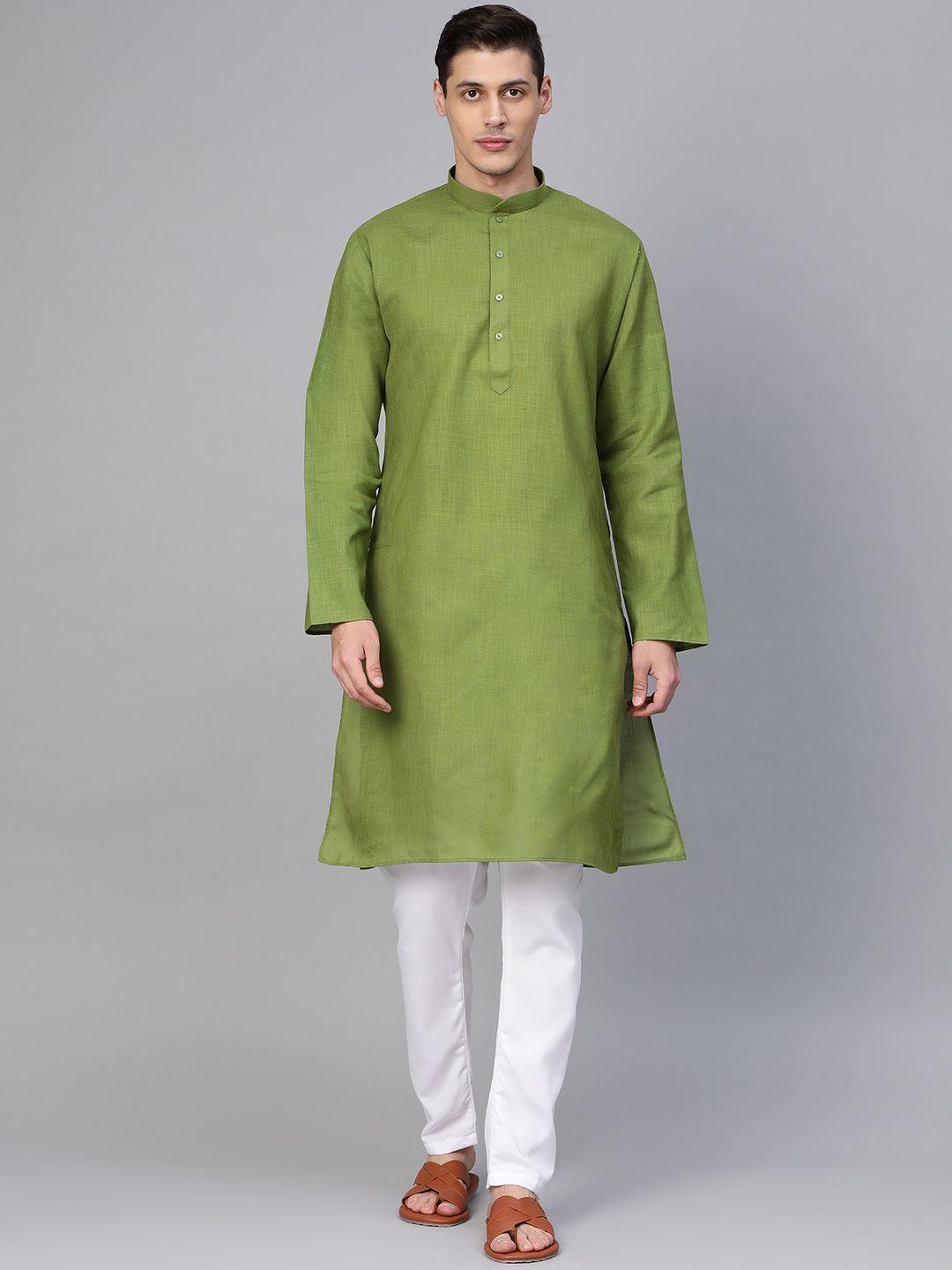 manq men green & white solid kurta with pyjamas