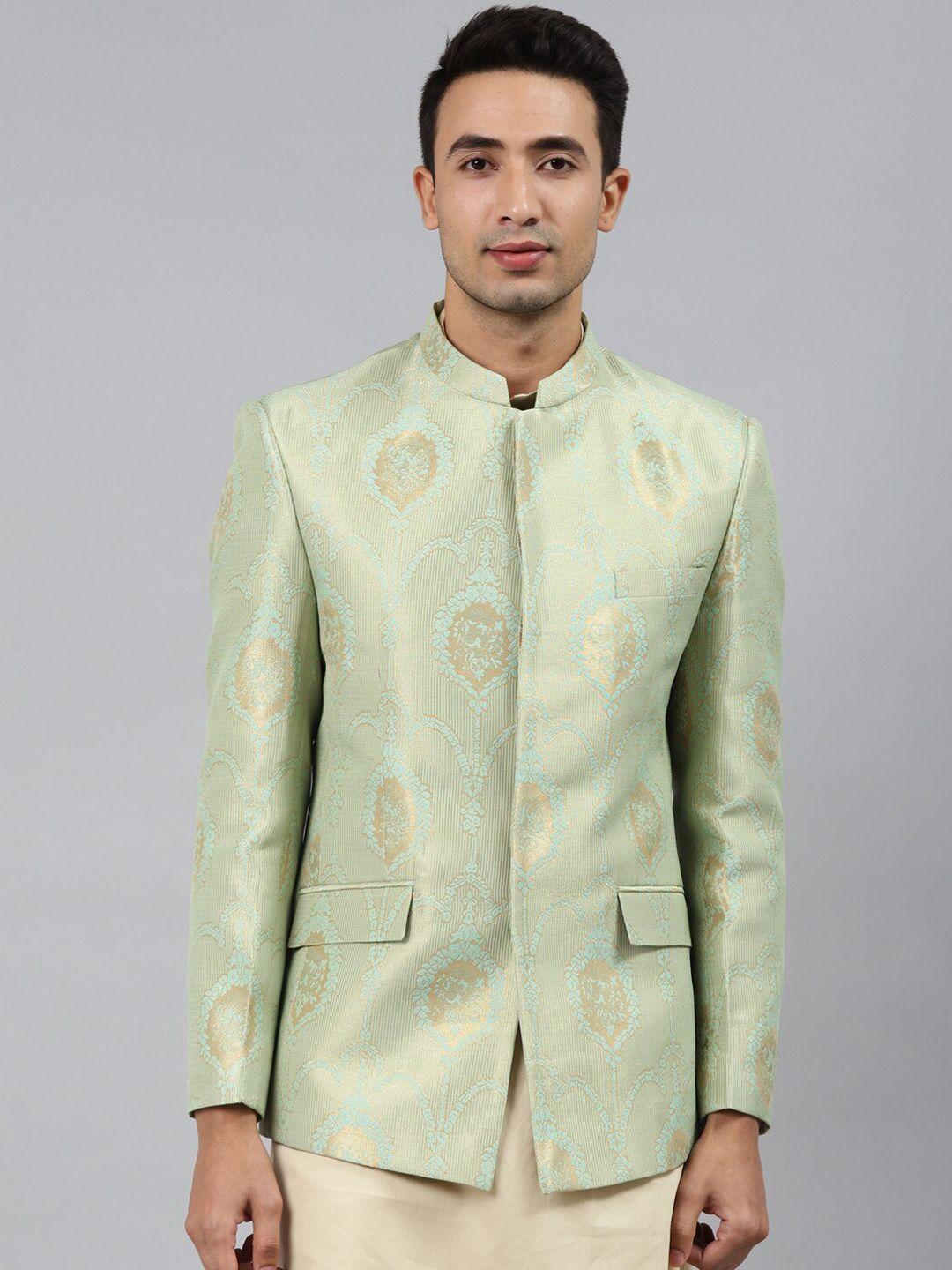 manq men green ethnic motifs printed slim-fit bandhgala blazer