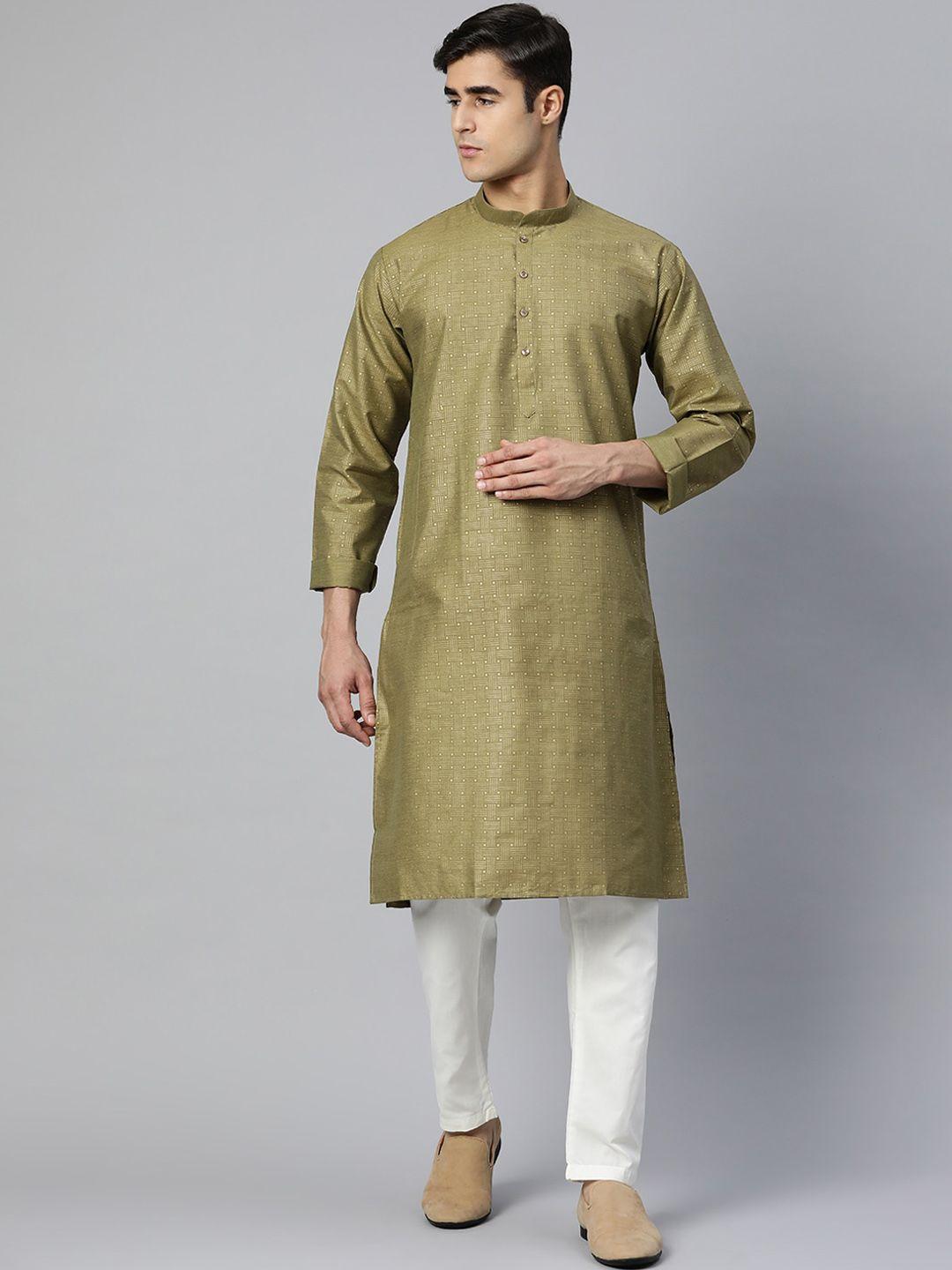 manq men green geometric printed cotton kurta