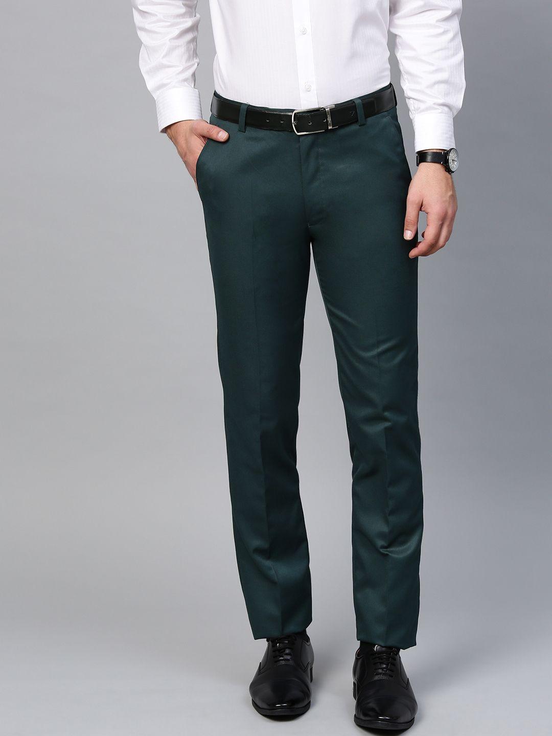 manq men green smart slim fit solid formal trousers