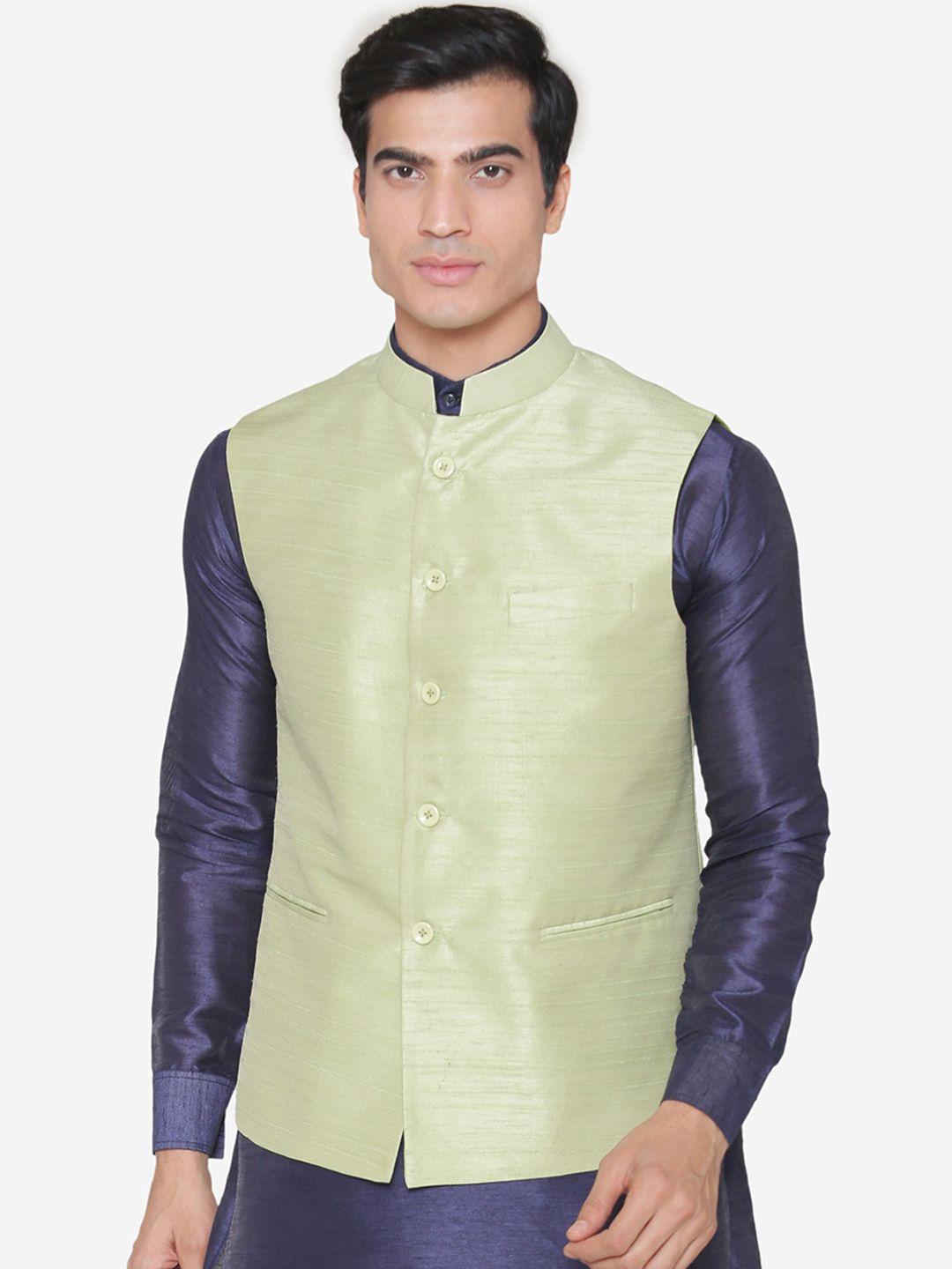 manq men green solid nehru jacket