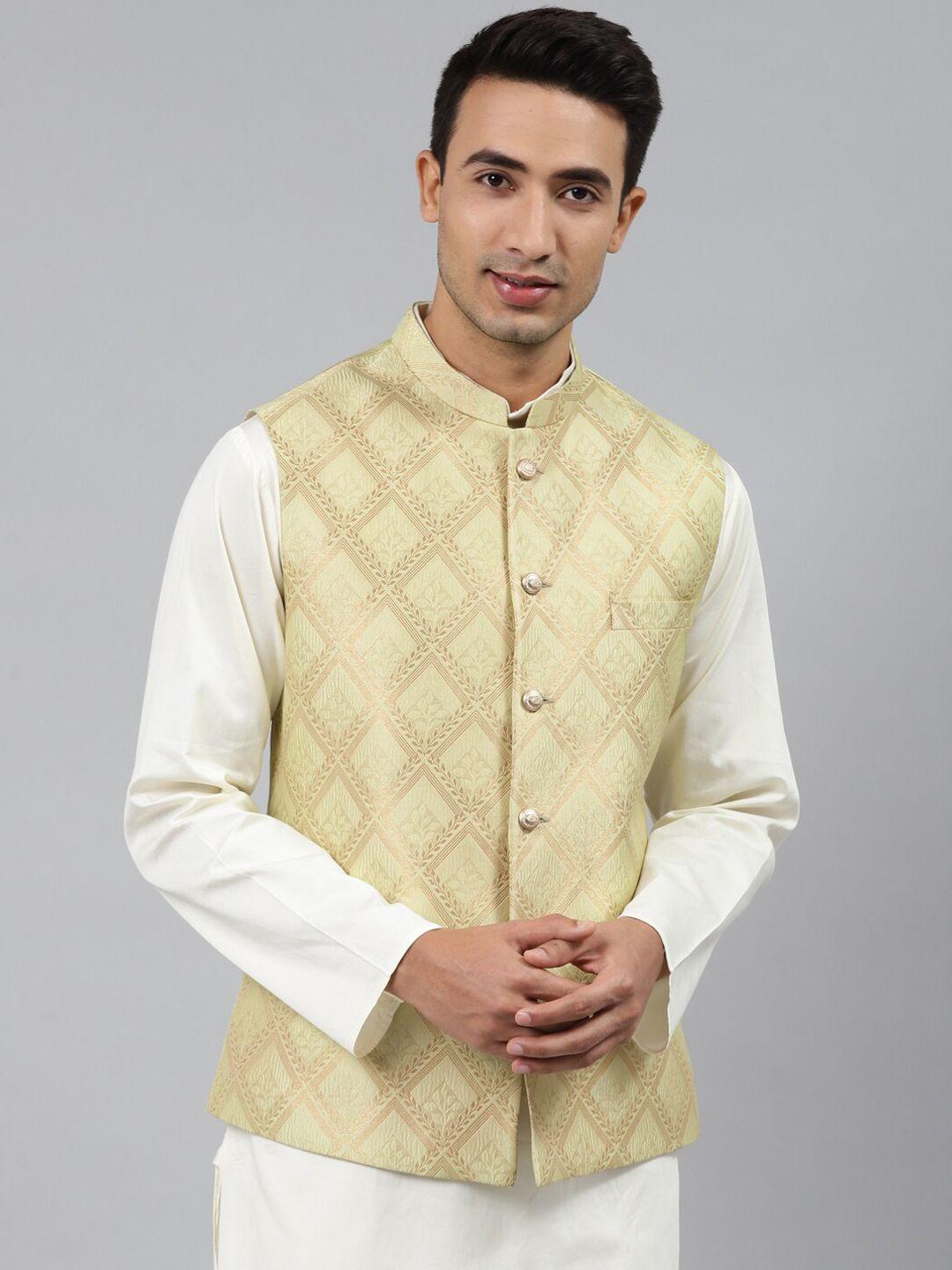 manq men green woven-design jaquard silk nehru jackets