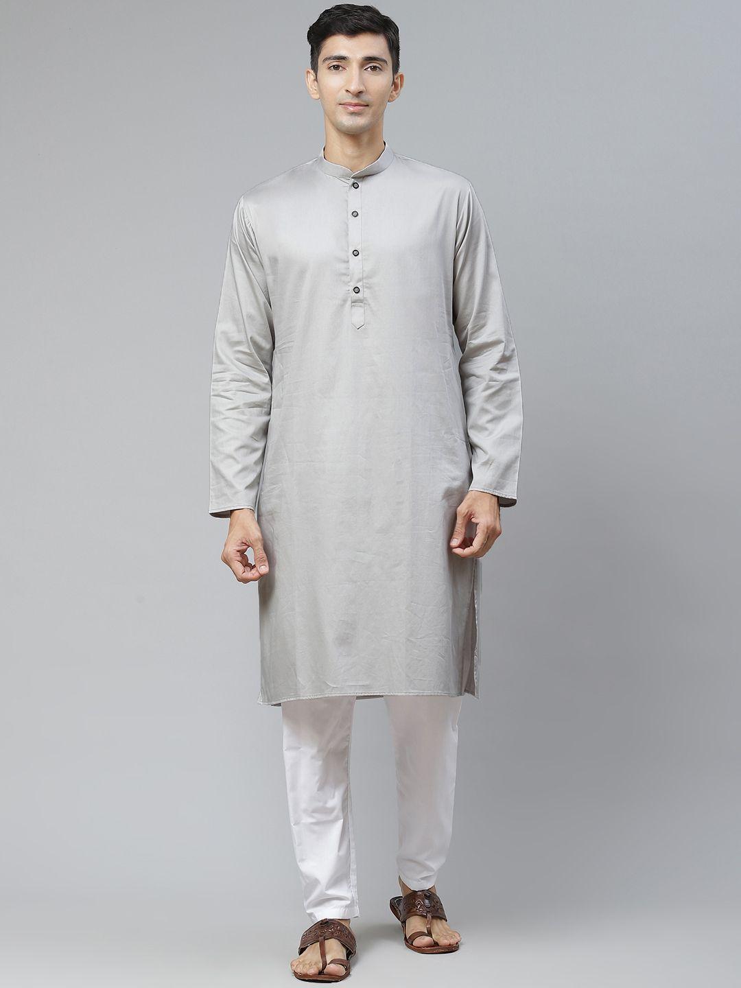 manq men grey regular pure cotton kurta with pyjamas