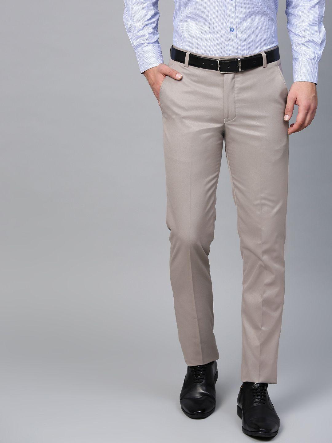 manq men grey smart slim fit solid formal trousers