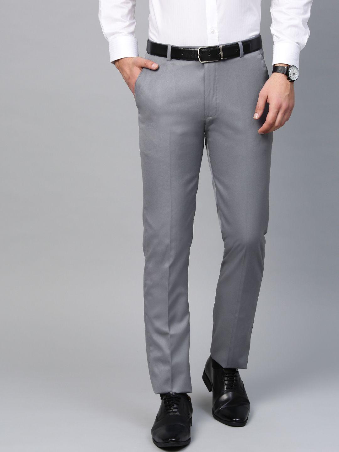 manq men grey smart slim fit solid formal trousers