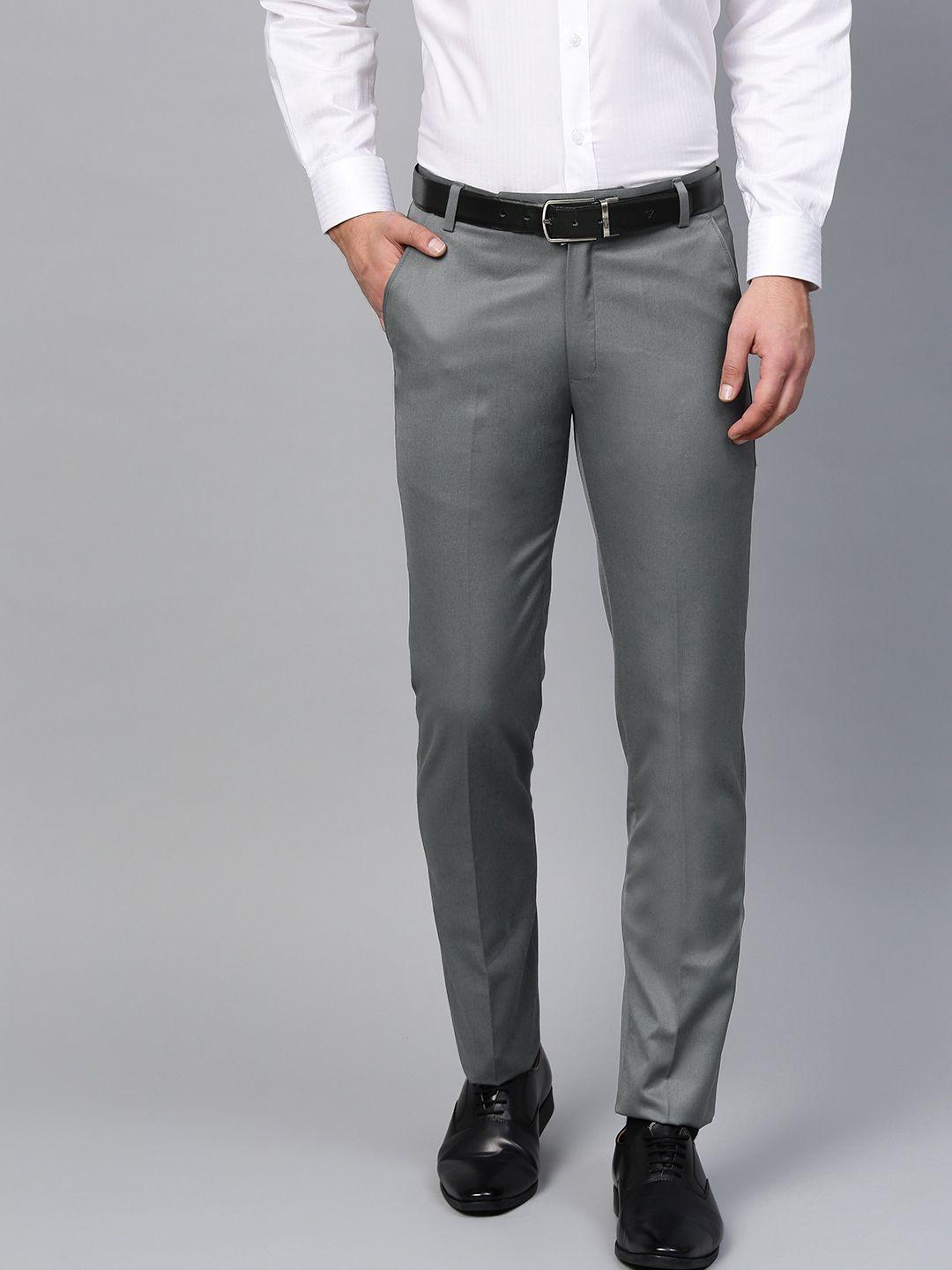 manq men grey smart slim fit solid formal trousers