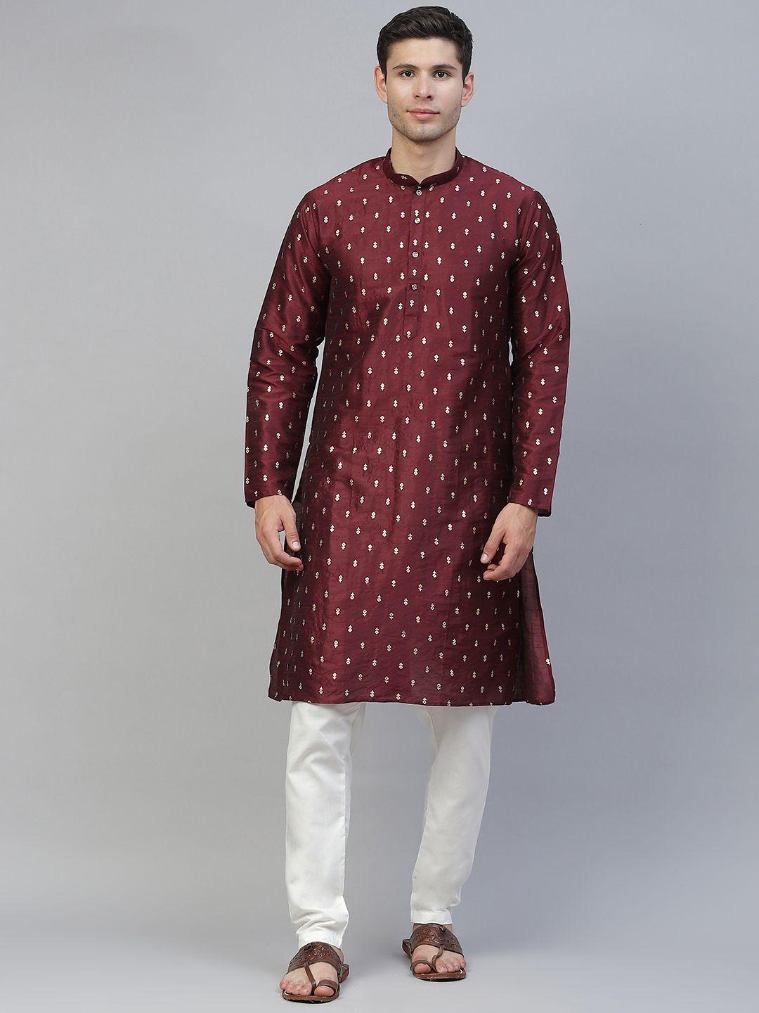 manq men maroon ethnic motifs printed kurta with pyjamas
