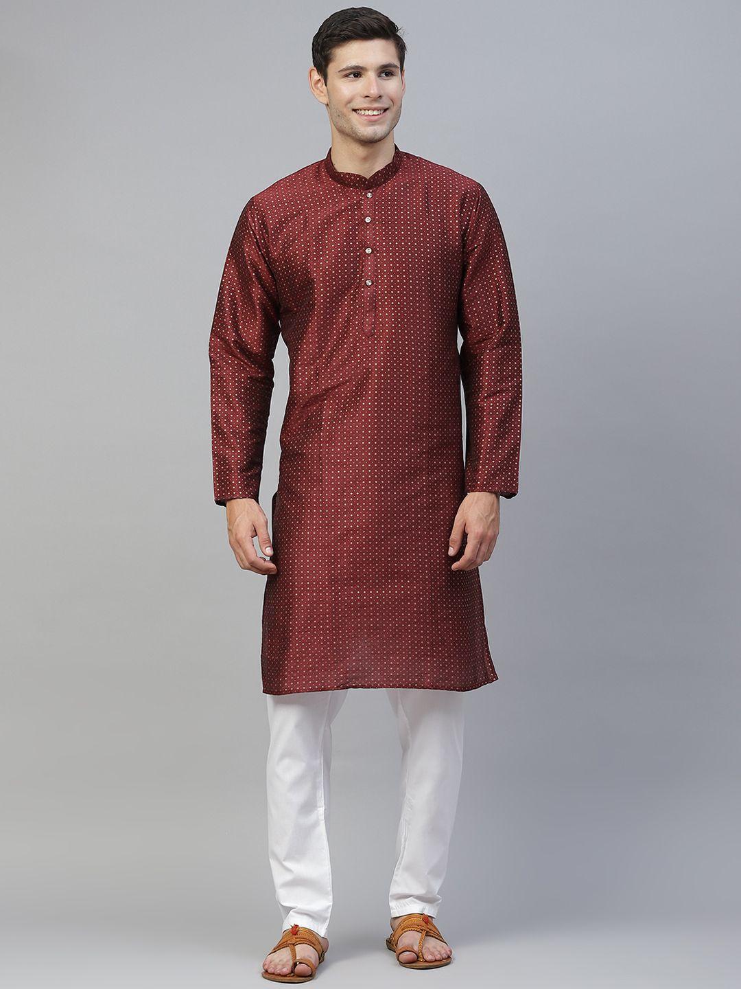 manq men maroon printed kurta with pyjamas