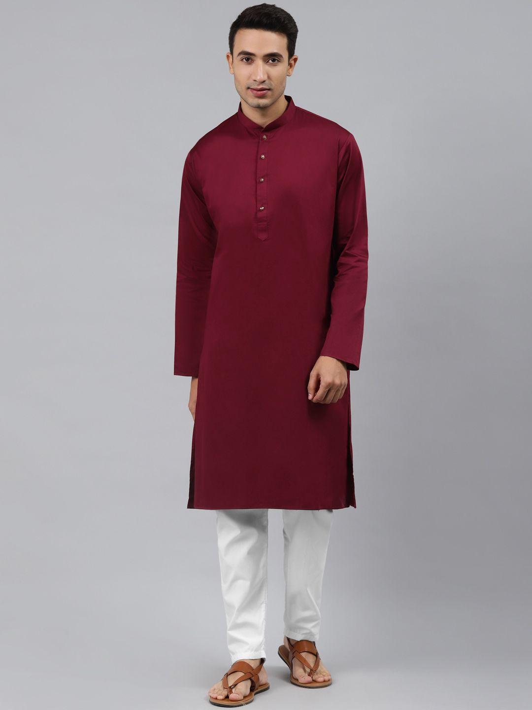 manq men maroon regular pure cotton kurta with pyjamas
