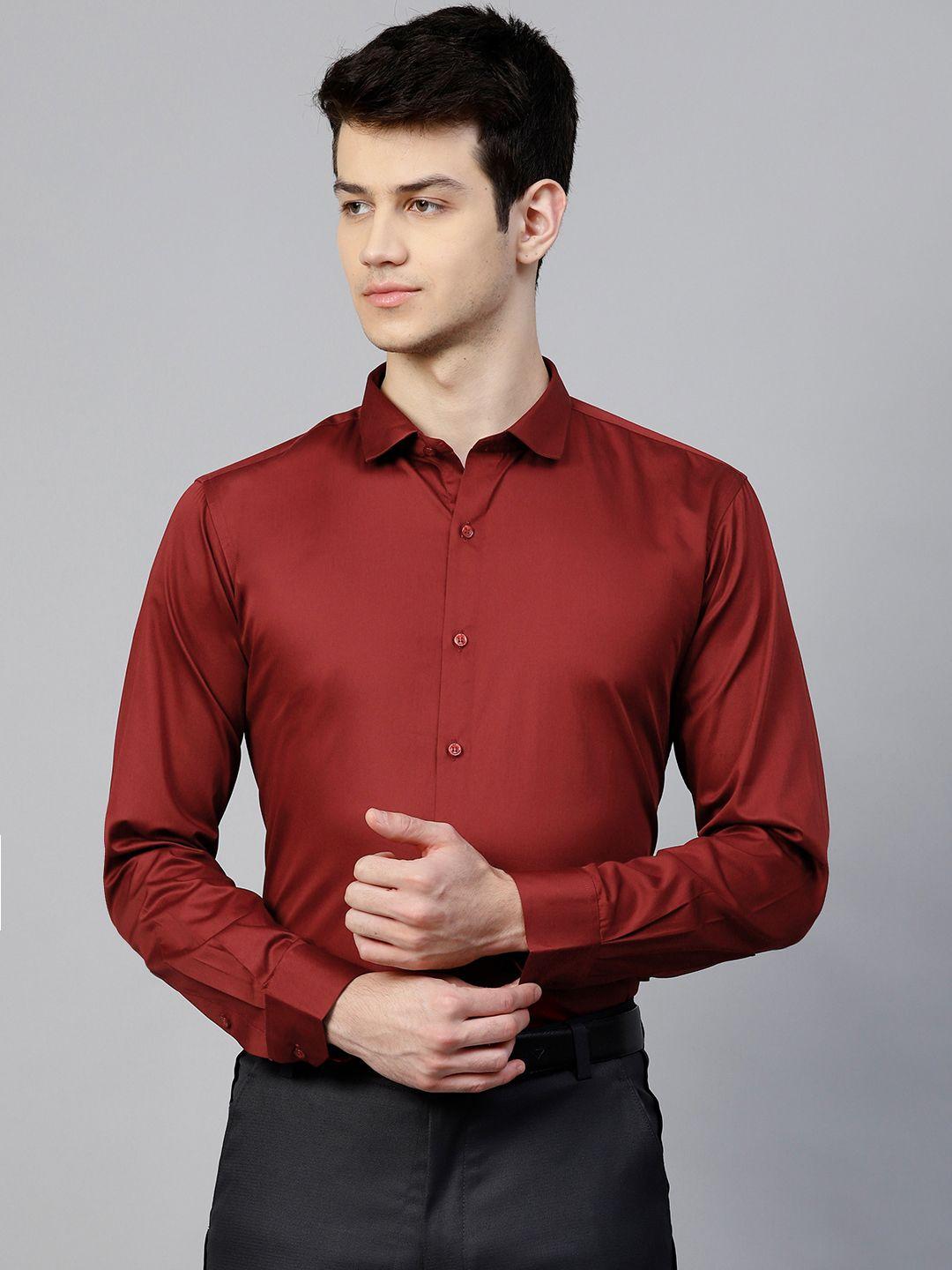 manq men maroon slim fit solid smart casual shirt