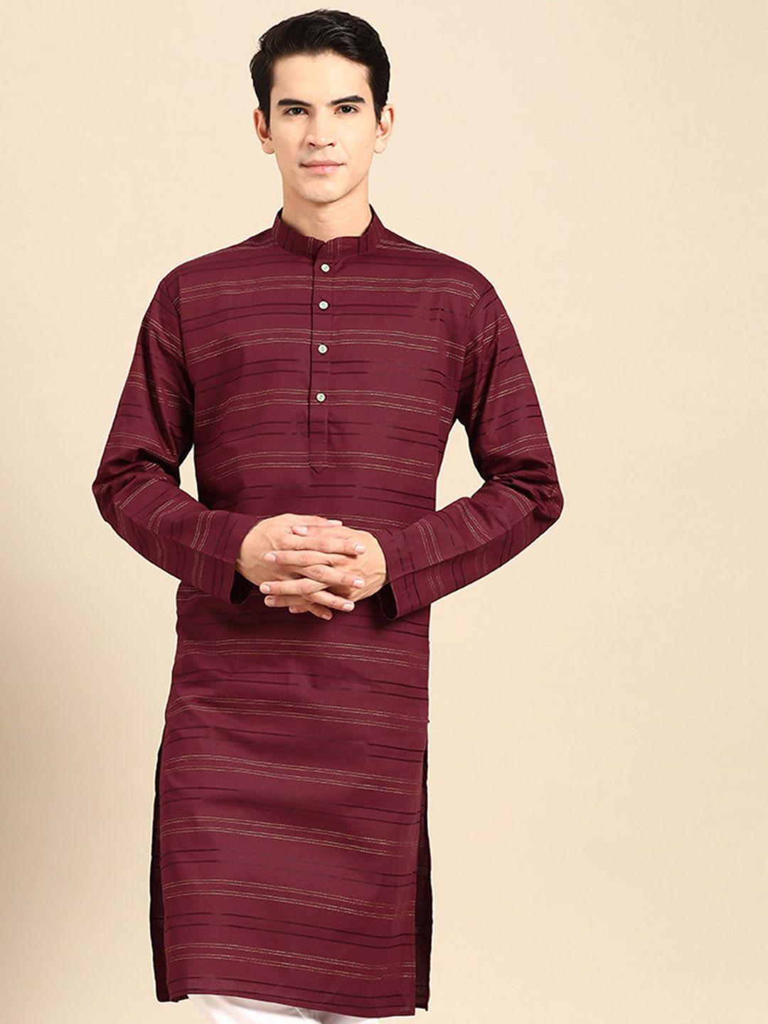 manq men maroon striped thread work kurta