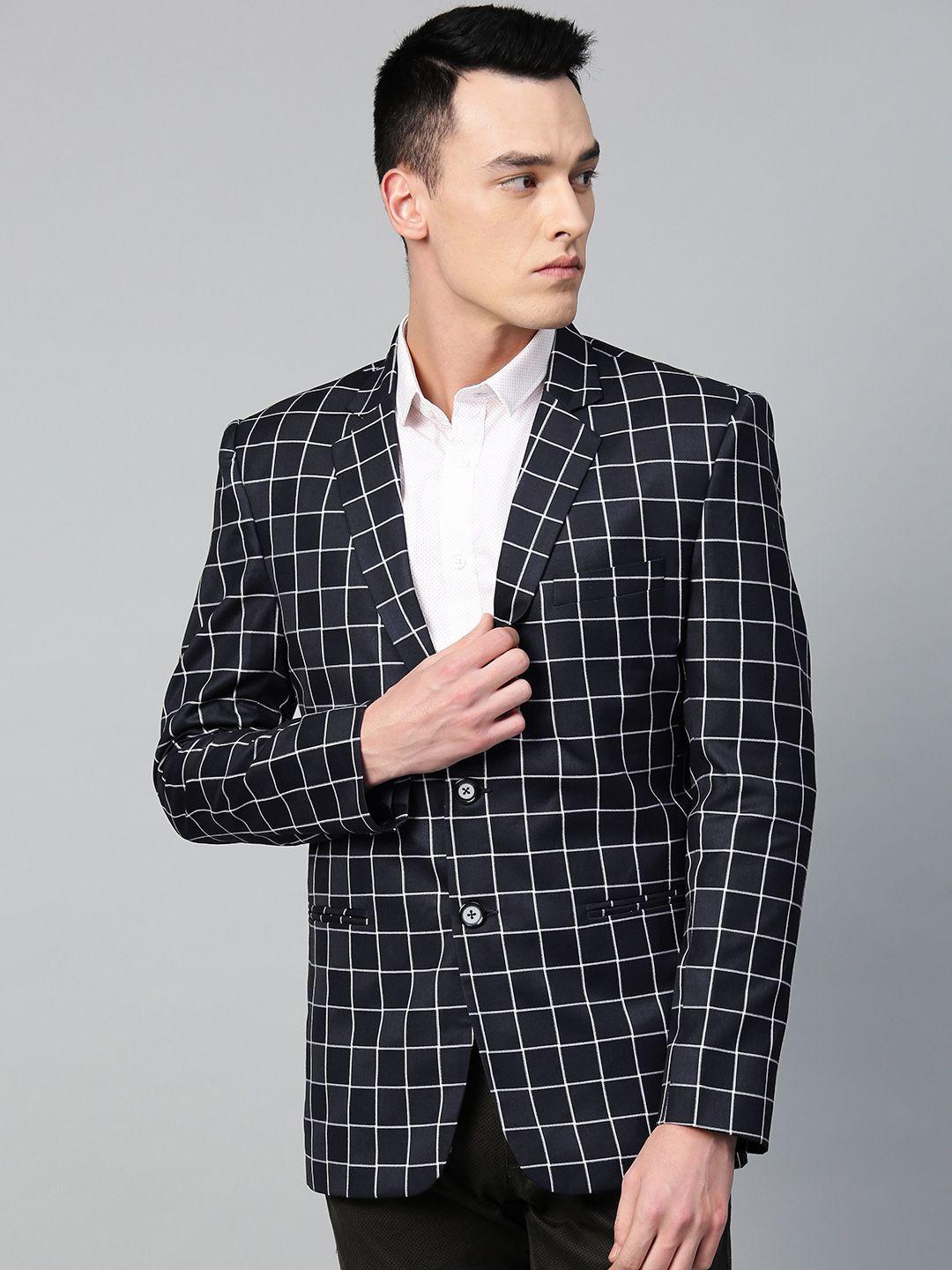 manq men navy blue & white checked slim fit single breasted party blazer
