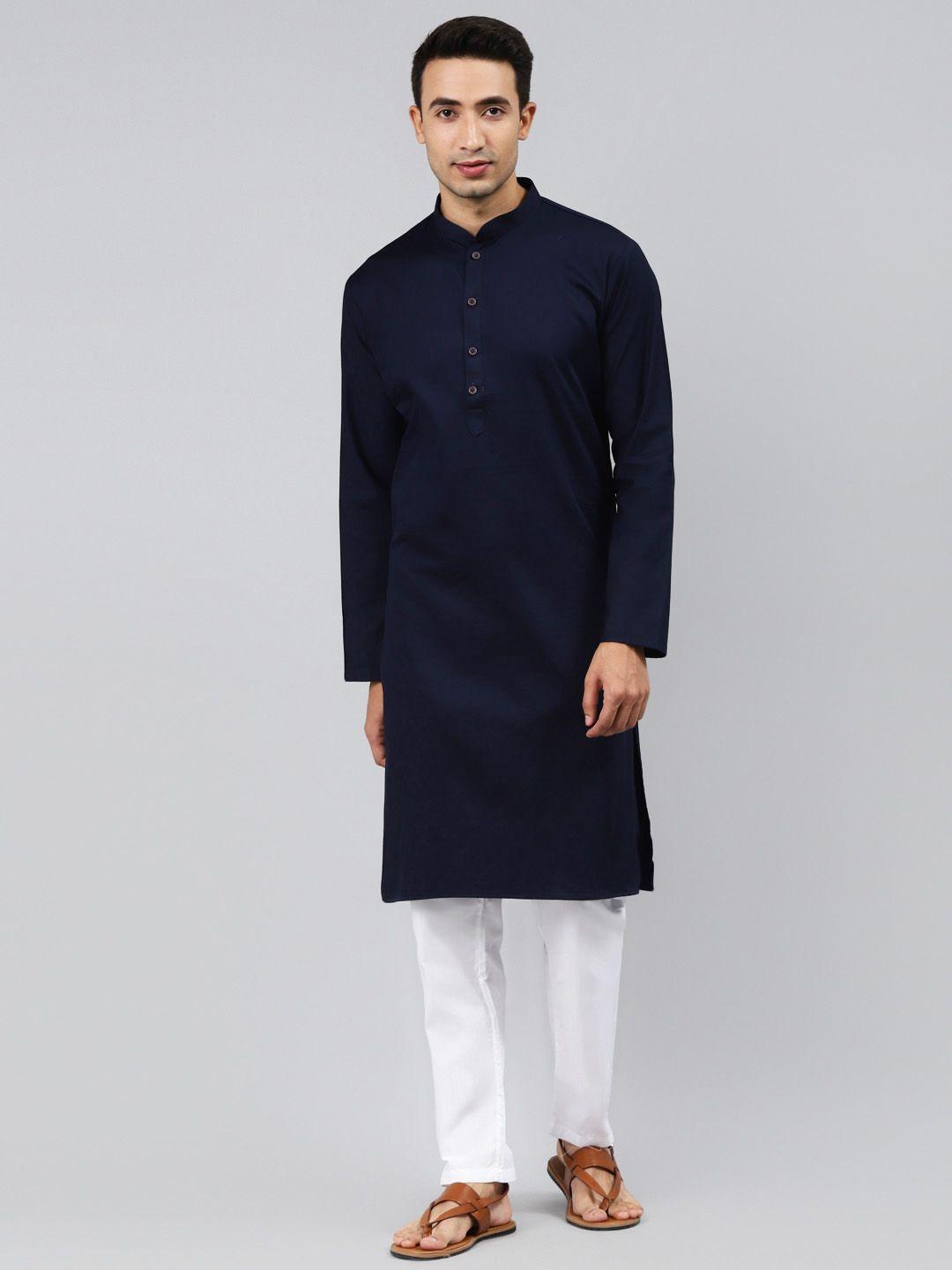 manq men navy blue regular pure cotton kurta with pyjamas