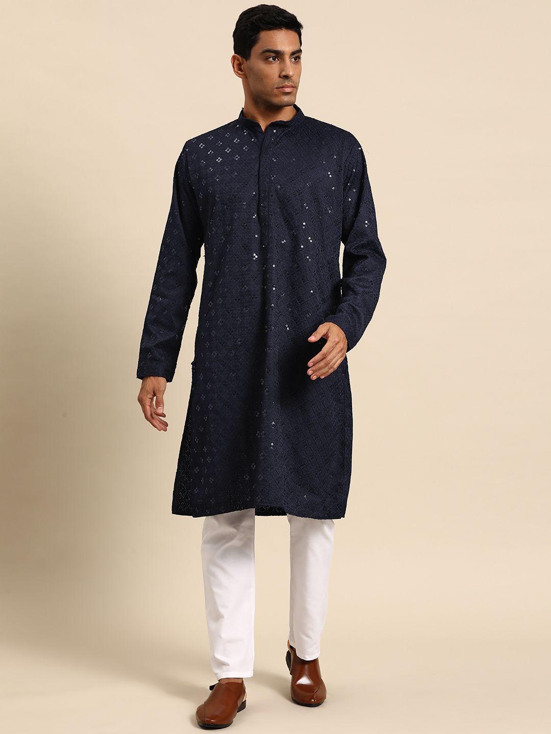 manq men navy blue regular sequinned kurta with pyjamas