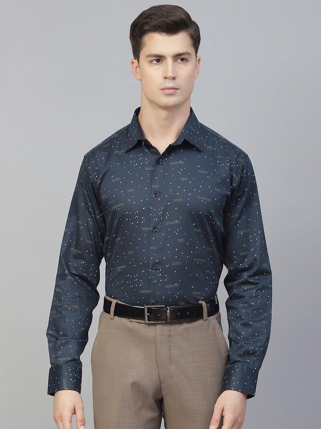 manq men navy blue smart printed semiformal shirt