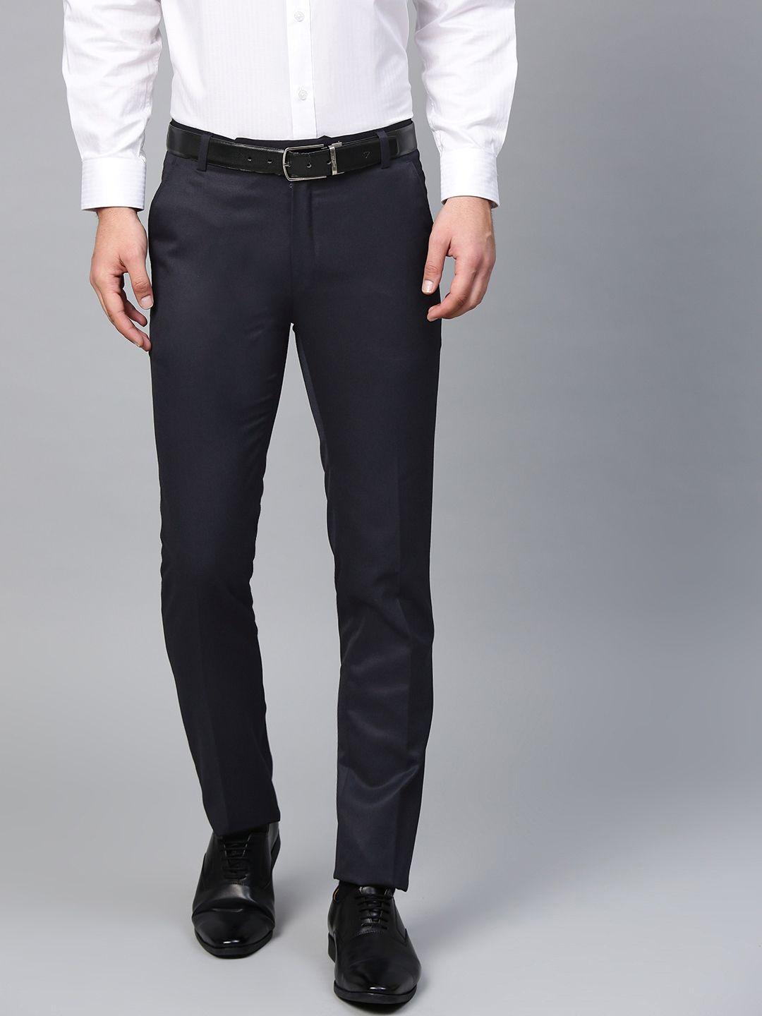 manq men navy blue smart slim fit solid formal trousers