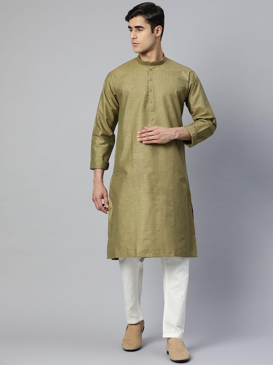 manq men olive green & golden printed pure cotton kurta with pyjamas