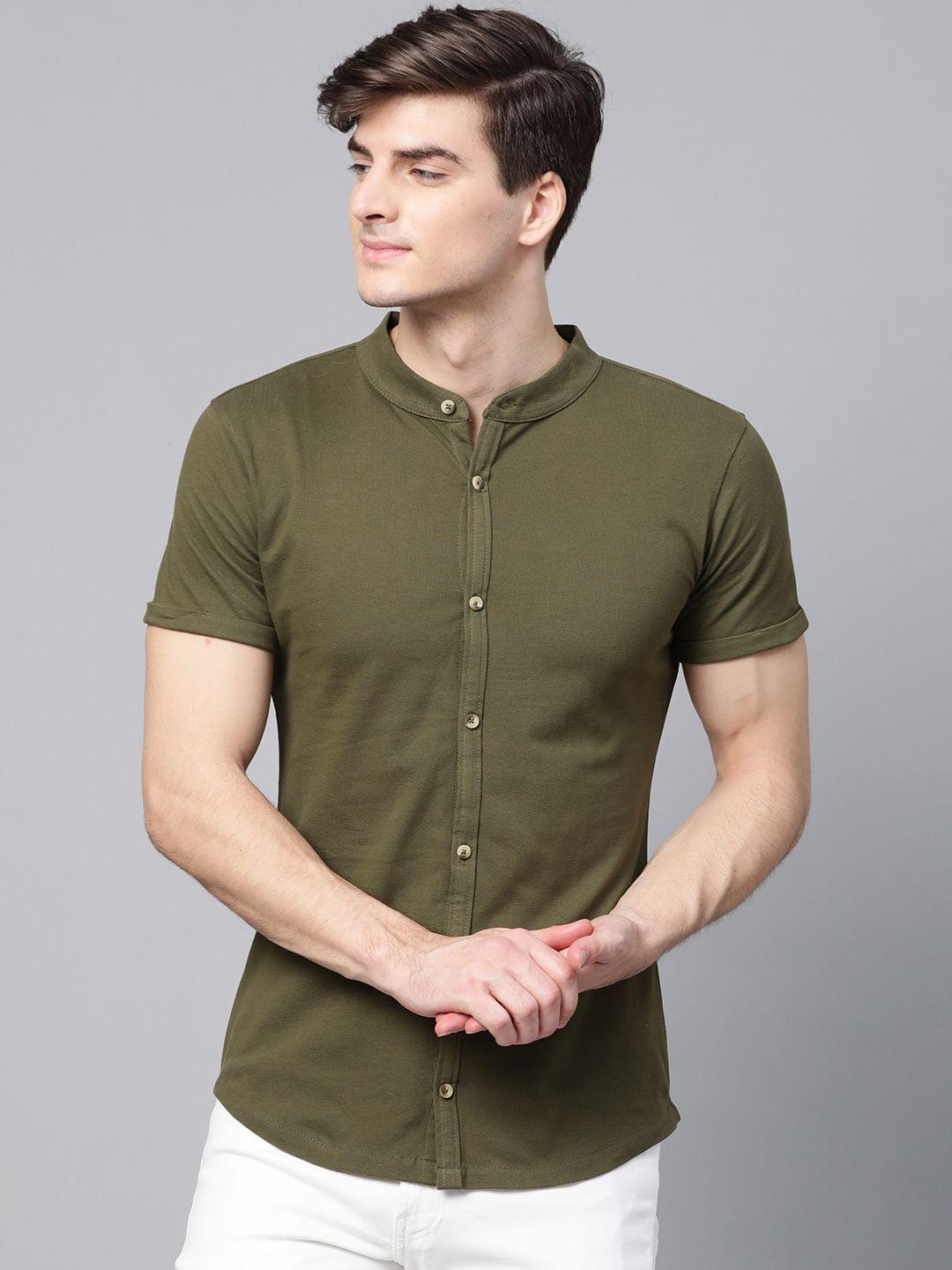 manq men olive green slim fit solid knitted casual shirt