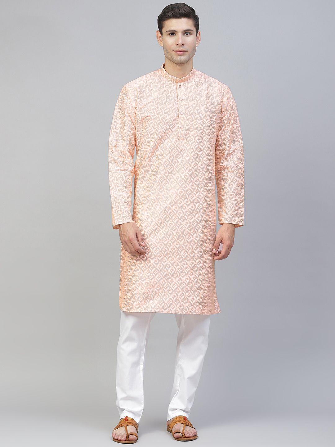 manq men peach-coloured ethnic motifs printed kurta with pyjamas