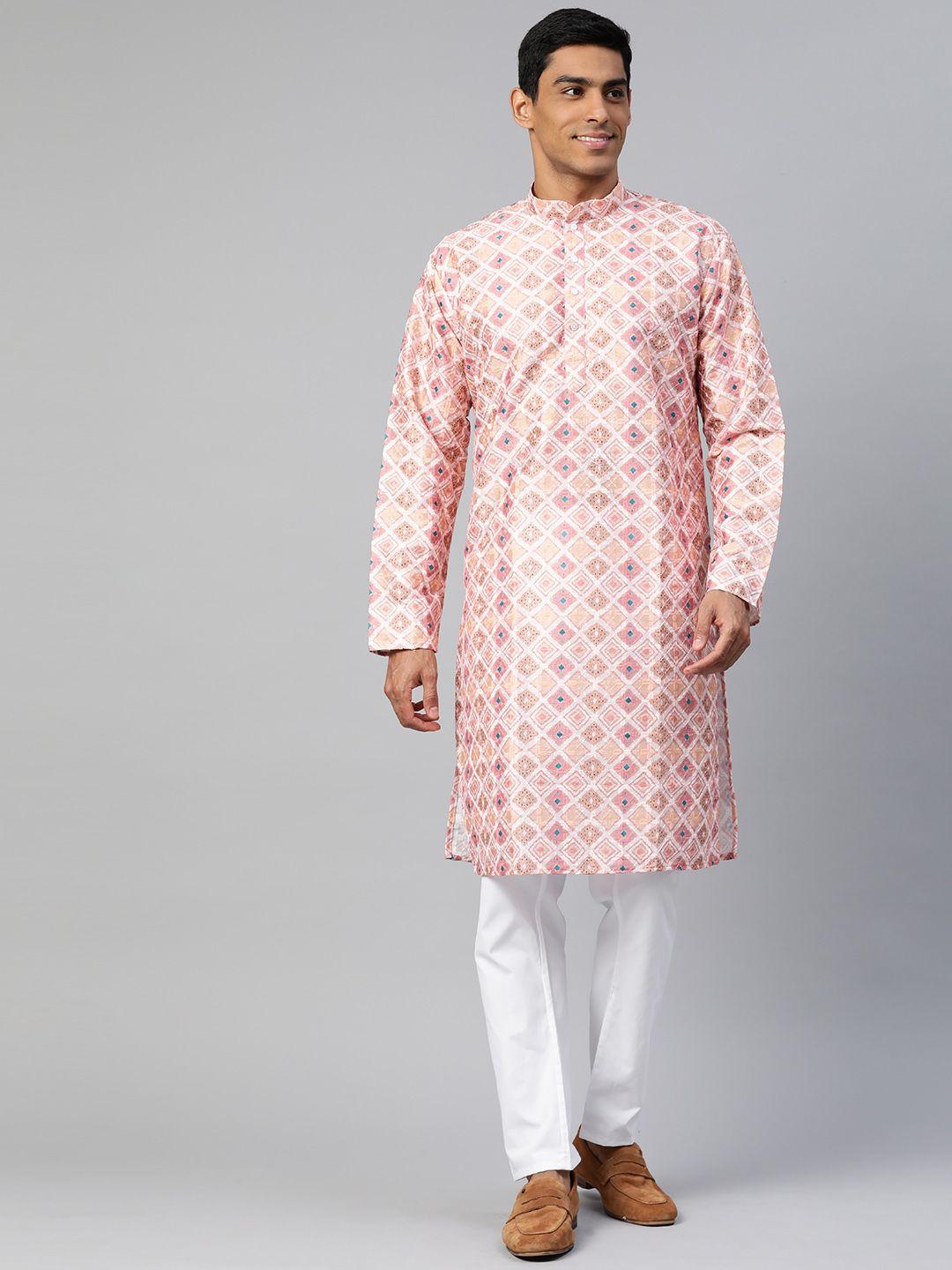 manq men peach-coloured printed regular kurta with pyjamas