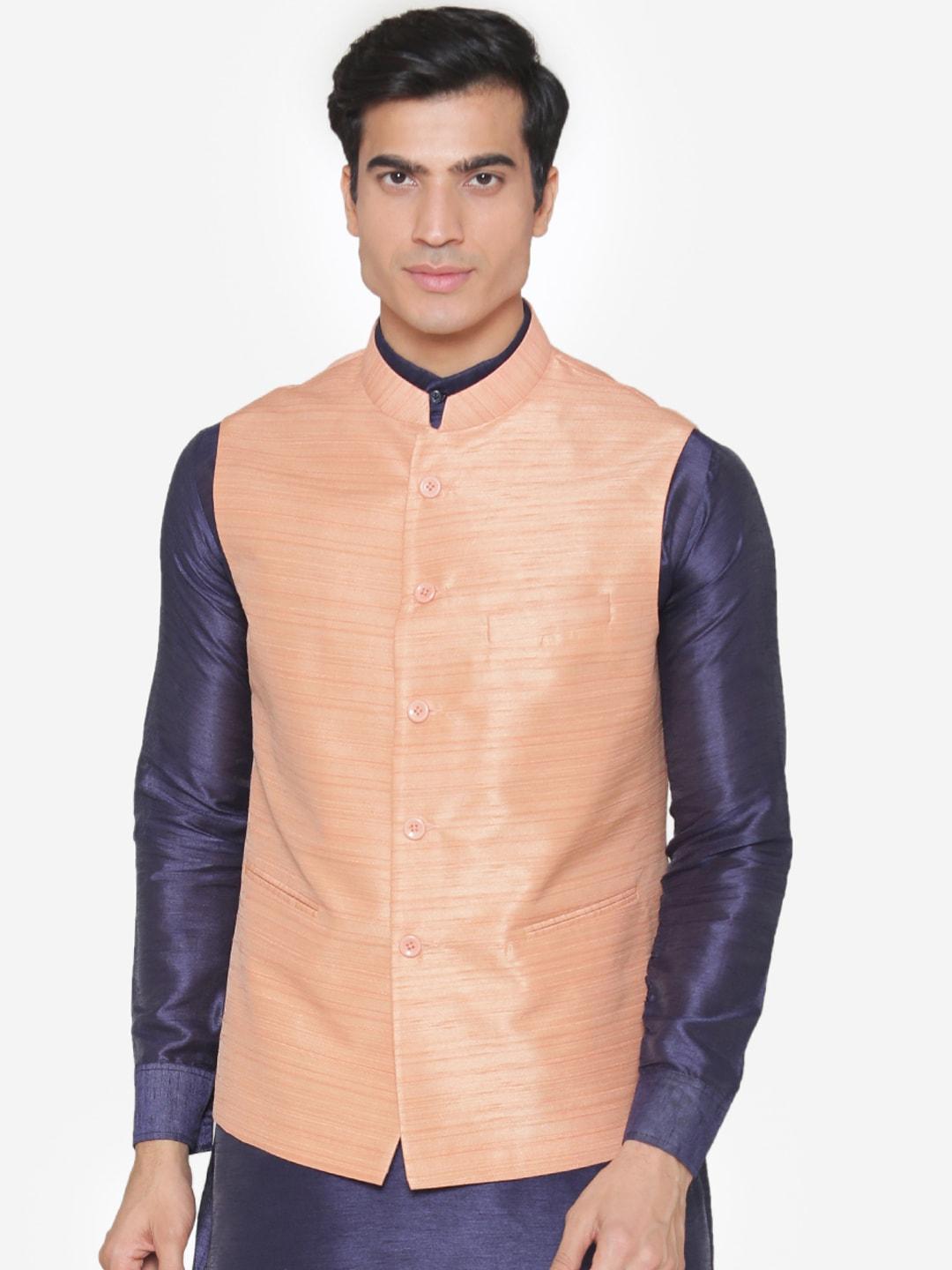 manq men peach-coloured solid nehru jacket