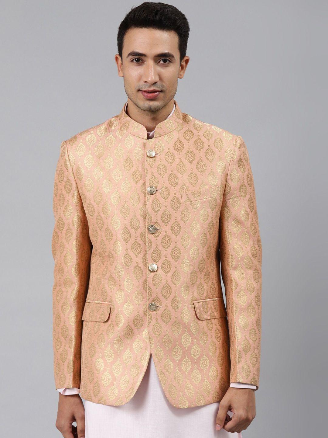 manq men peach-coloured woven design slim-fit bandhgala blazer