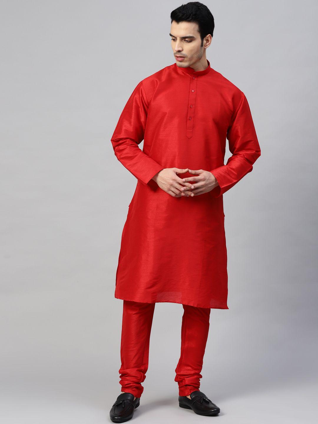 manq men red solid kurta with churidar