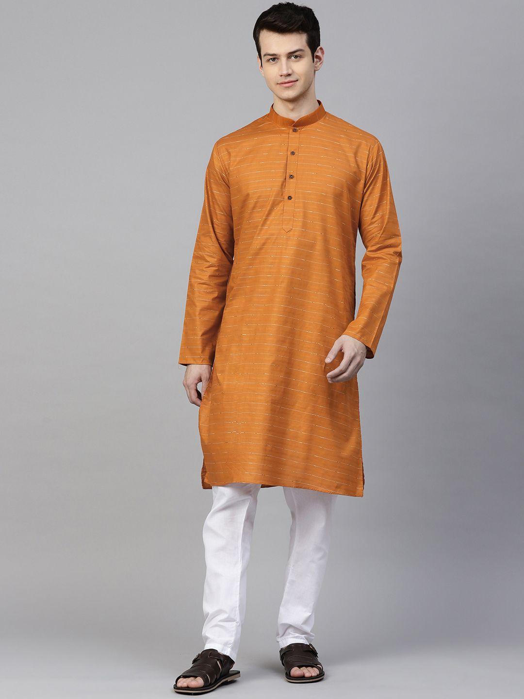manq men rust orange & white self striped kurta with pyjamas