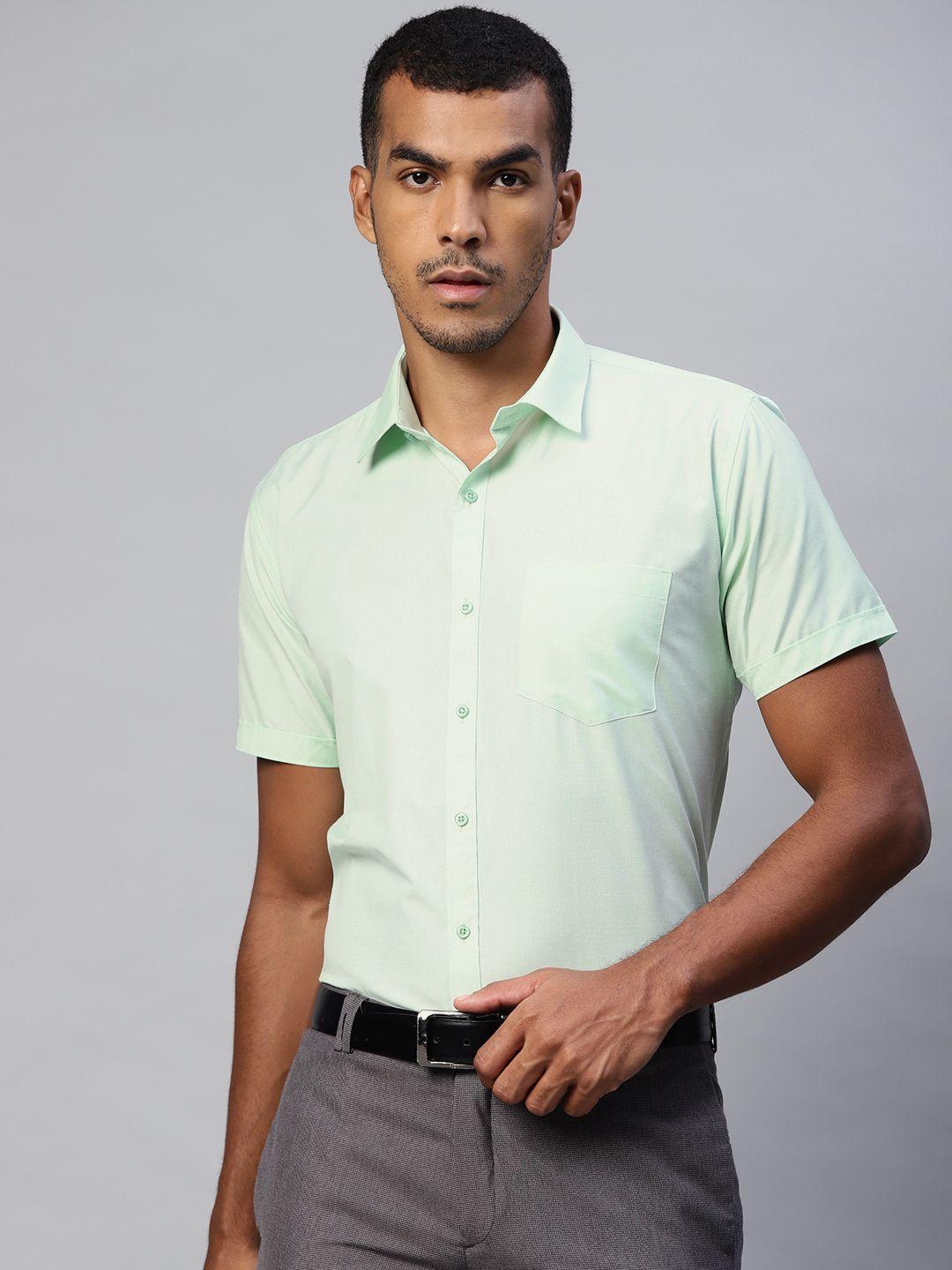 manq men sea green solid spread collar formal shirt
