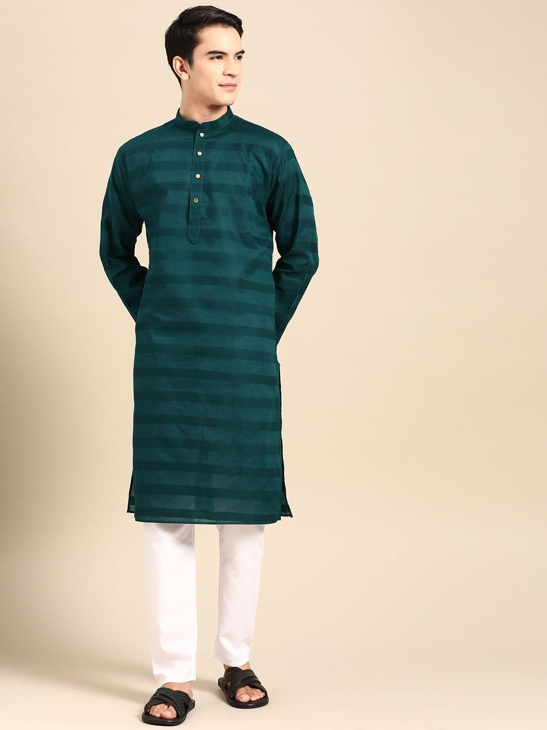 manq men striped regular pure cotton kurta with pyjamas