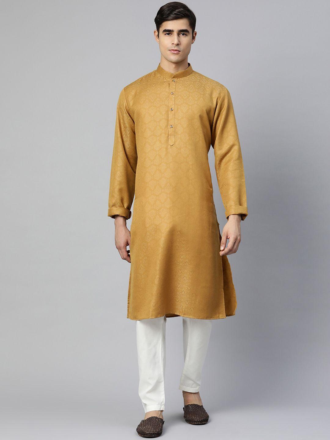manq men tan coloured ethnic motifs straight kurta