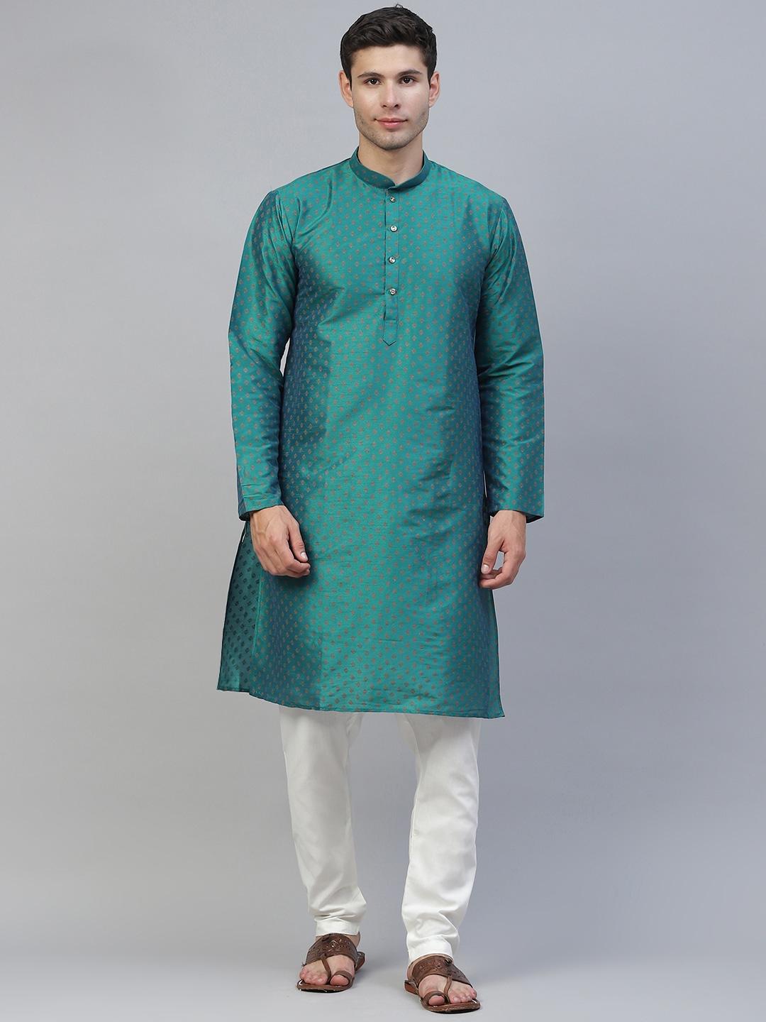 manq men teal ethnic motifs printed kurta with pyjamas