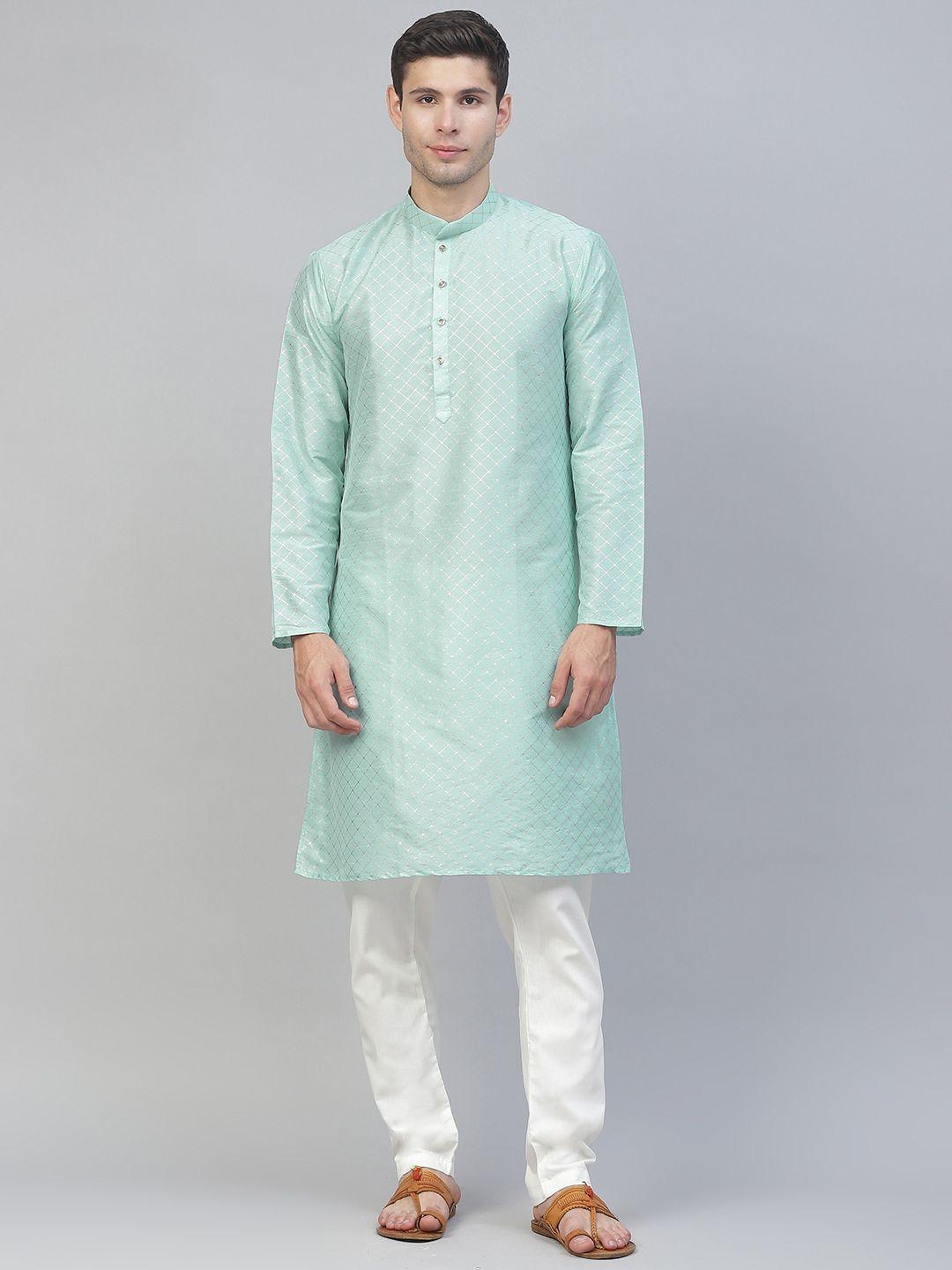 manq men turquoise blue printed kurta with pyjamas