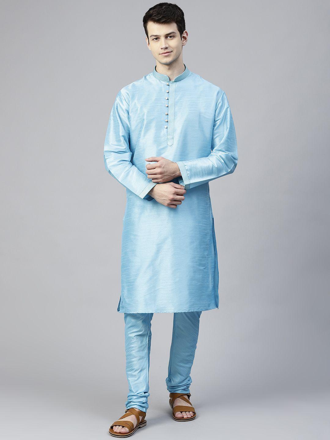 manq men turquoise blue self design kurta with churidar