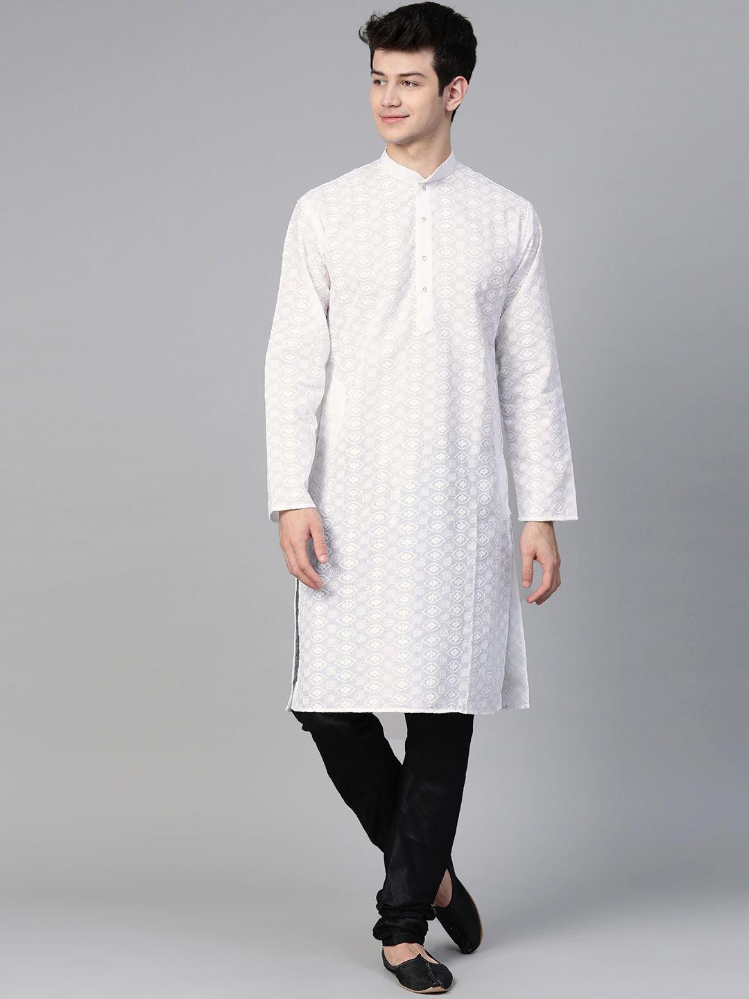 manq men white ethnic motifs embroidered chikankari pure cotton kurta with pyjama