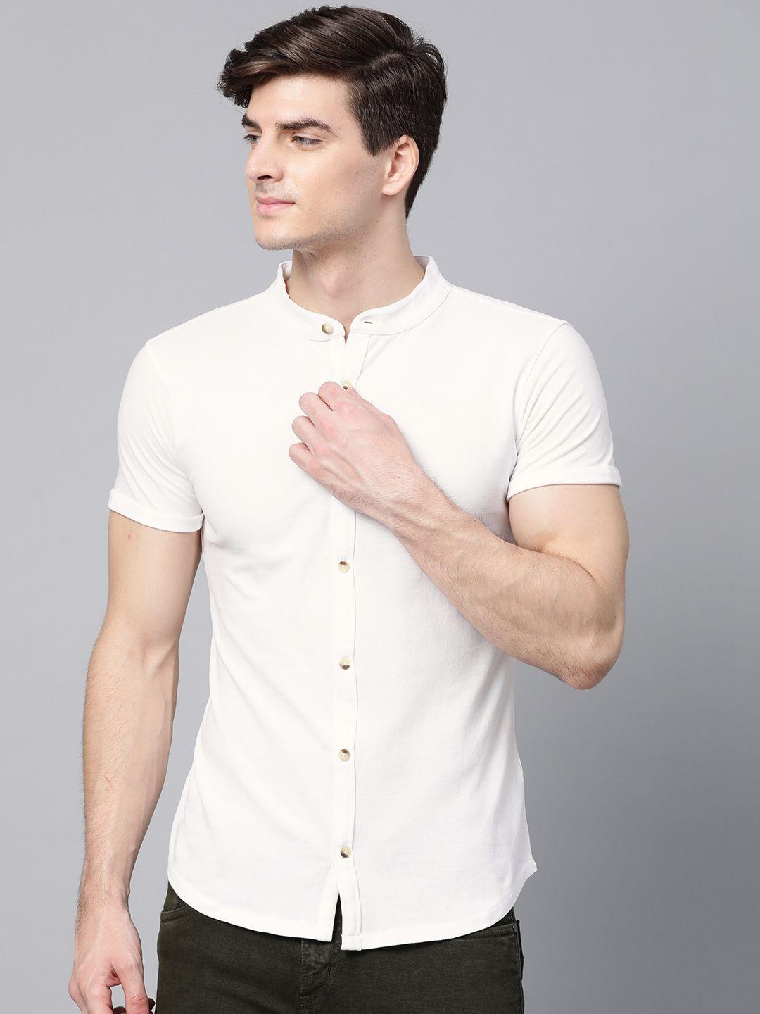 manq men white slim fit solid knitted casual shirt