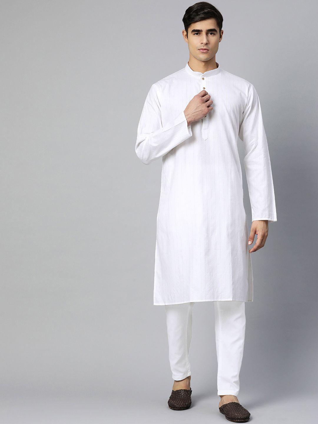 manq men white striped pure cotton kurta with pyjamas