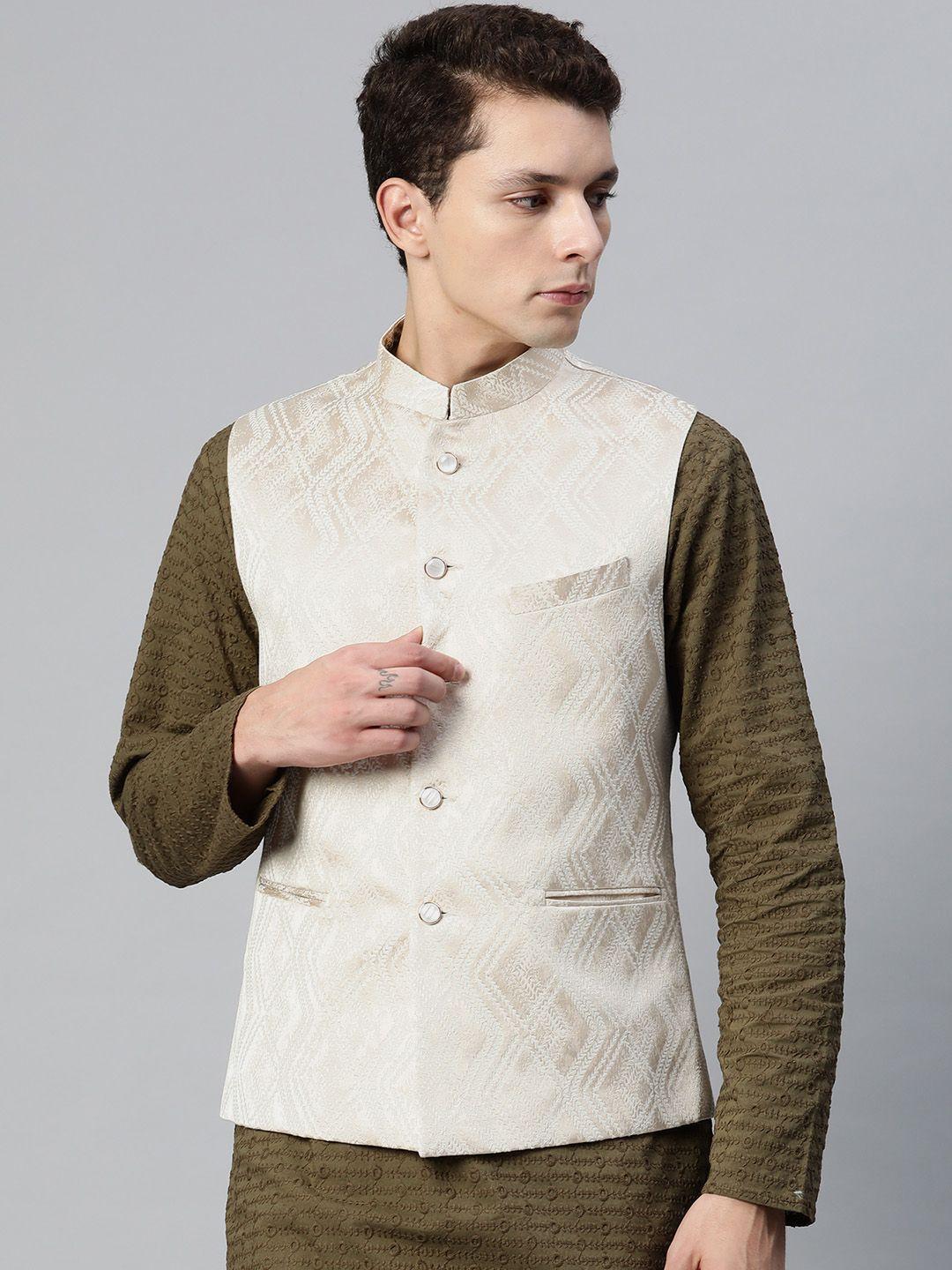 manq men woven design jaquard silk nehru jacket