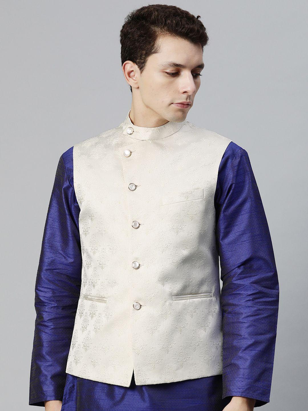 manq men woven design jaquard silk nehru jacket